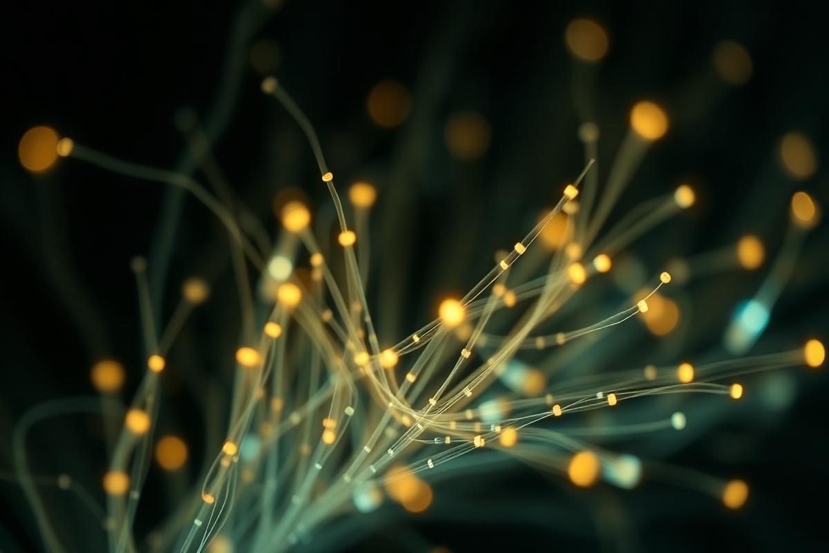 Macro detail of glowing fibre optic filaments