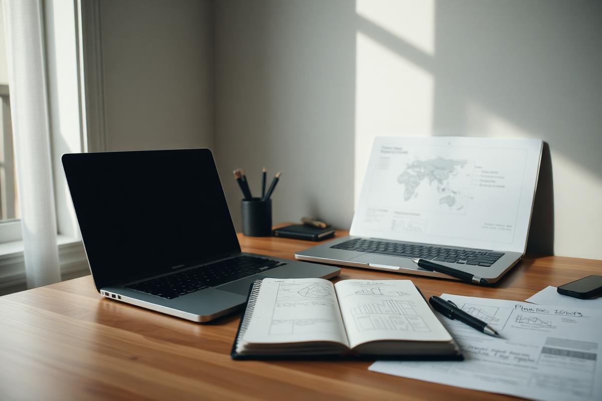 Notebook of handwritten system diagrams beside a laptop