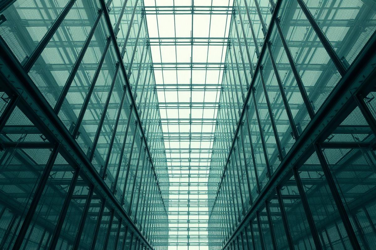 Modular glass architecture seen from below